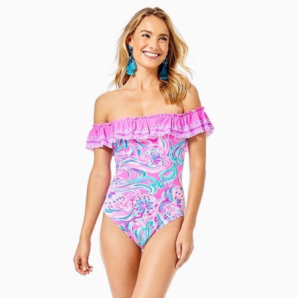Lilly Pulitzer Pink Prosecco Don’t be Jelly Fiesta Off Shoulder Swim Sz 14